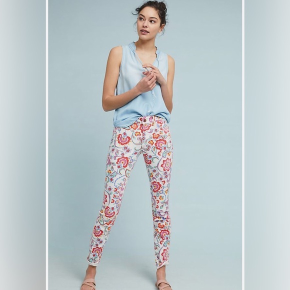 NWT Anthropologie Pilcro 30 Mid Rise Skinny White Red Floral Ankle Cropped Jeans